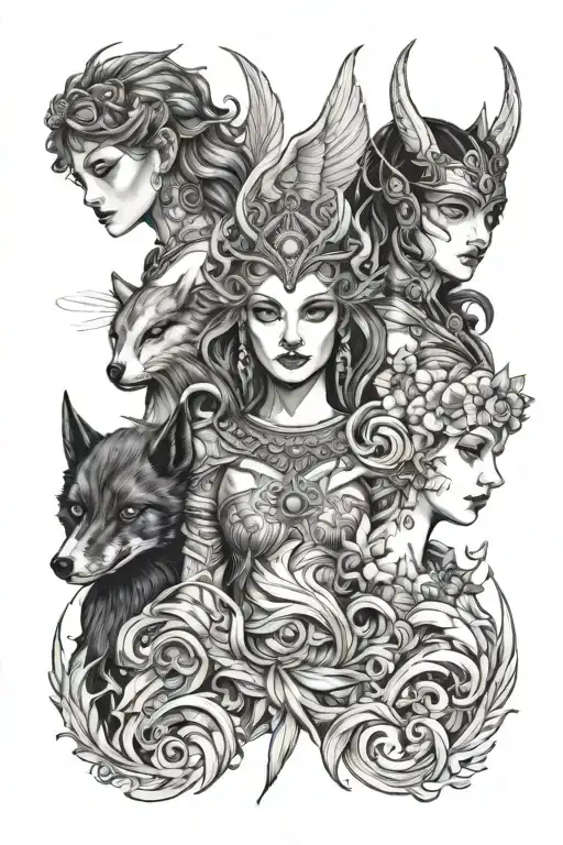 three goddesses Heceta, Artemis, and the Morrigan upper torso each with their spirit animal.  tattoo design idea