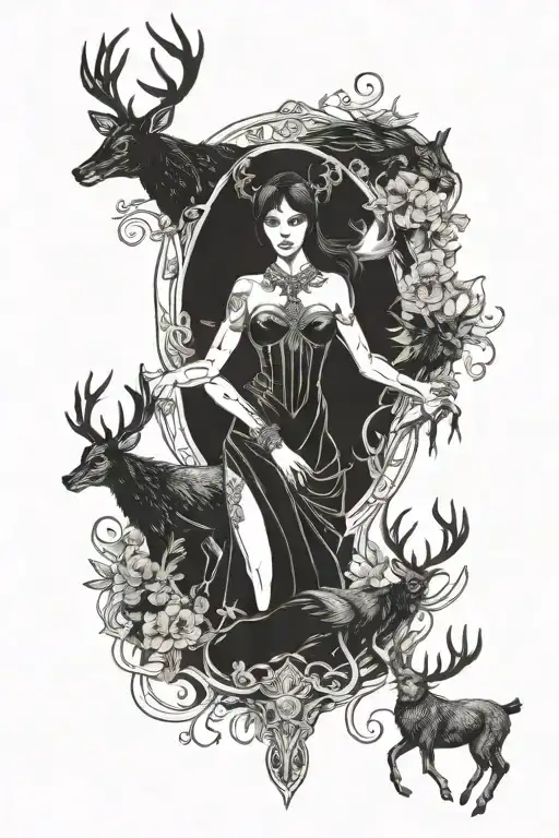 3 goddesses Artemis Hakata Morrigan their uppper Torsos one has ravens another a deer the last a scary hell hound dog.  tattoo design idea