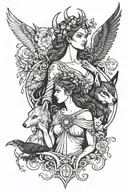 three goddesses Heceta, Artemis, and the Morrigan upper torso each with their spirit animal.  tattoo design idea