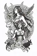 three goddesses Heceta, Artemis, and the Morrigan upper torso each with their spirit animal.  tattoo design idea