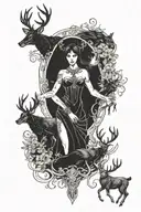 3 goddesses Artemis Hakata Morrigan their uppper Torsos one has ravens another a deer the last a scary hell hound dog.  tattoo design idea