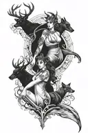 3 goddesses Artemis Hakata Morrigan their uppper Torsos one has ravens another a deer the last a scary hell hound dog.  tattoo design idea