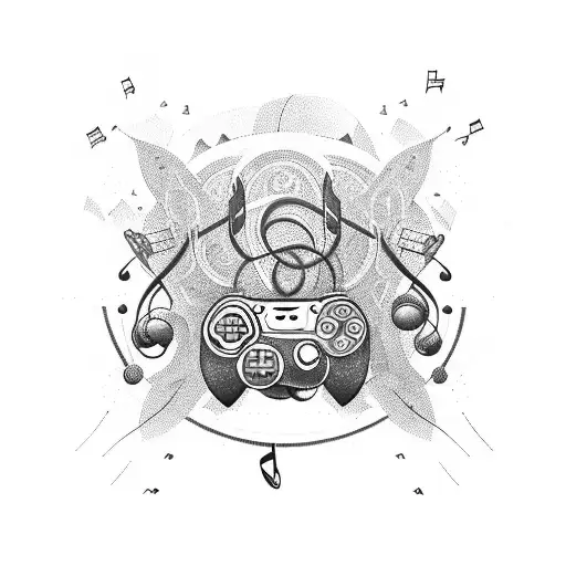 A video game controller entwined with musical notes and surrounded by nature elements tattoo design idea