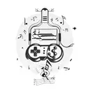 A video game controller entwined with musical notes and surrounded by nature elements tattoo design idea