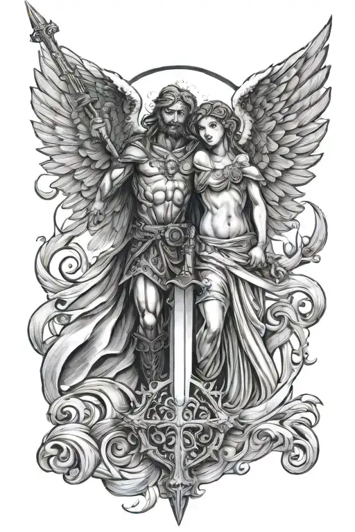 cross and angel holding a sword tattoo design idea
