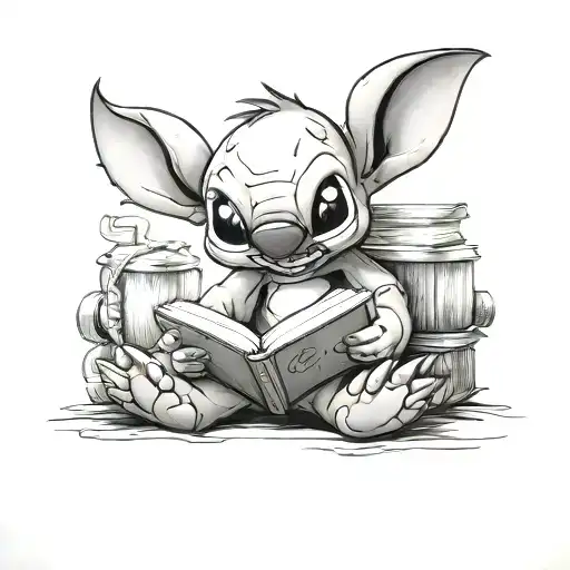 animated stitch character reading book tattoo design idea