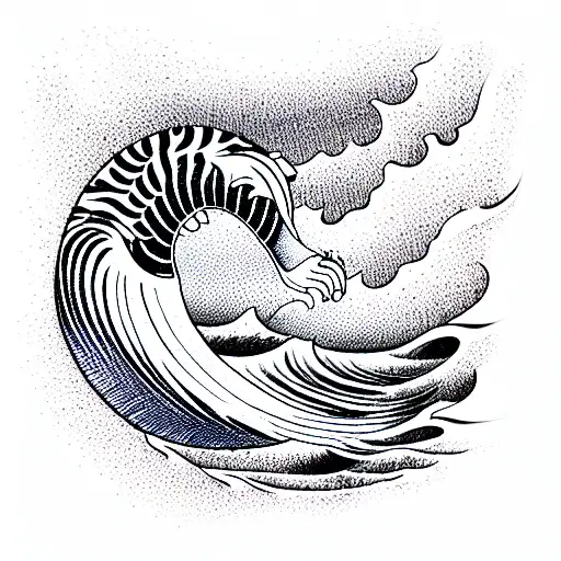 Ocean Wave with tiger and man holding a rock tattoo design idea