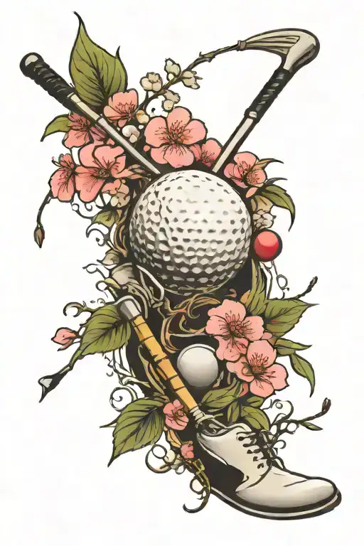 golf ball, golf club, and cherry blossums tattoo design idea