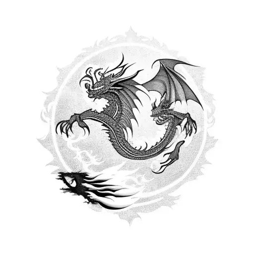 Dragon and wolf. Background a rising phoenix tattoo design idea