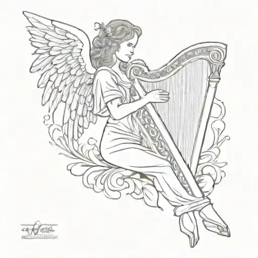 A tattoo of an angel playing a harp, with a quote from a famous philosopher incorporated into the design tattoo design idea