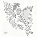 A tattoo of an angel playing a harp, with a quote from a famous philosopher incorporated into the design tattoo design idea