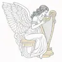 A tattoo of an angel playing a harp, with a quote from a famous philosopher incorporated into the design tattoo design idea