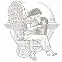 A tattoo of an angel playing a harp, with a quote from a famous philosopher incorporated into the design tattoo design idea