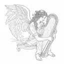 A tattoo of an angel playing a harp, with a quote from a famous philosopher incorporated into the design tattoo design idea