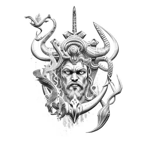 Poseidon kills the mermaid tattoo design idea