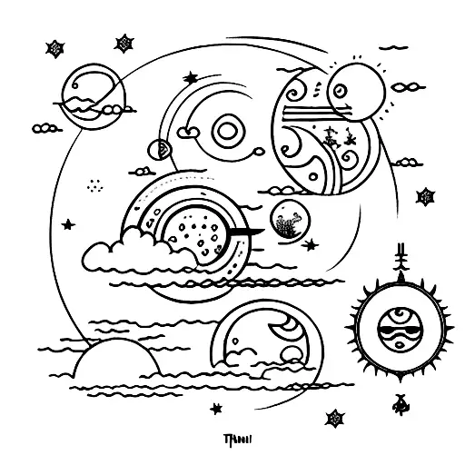 The sun and moon surrounding Japanese Kanji Chikyuu with celestial bodies around and the north star light tattoo design idea