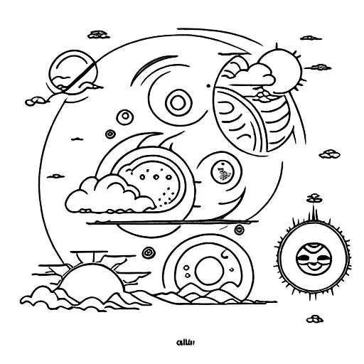 The sun and moon surrounding Japanese Kanji Chikyuu with celestial bodies around and the north star light tattoo design idea