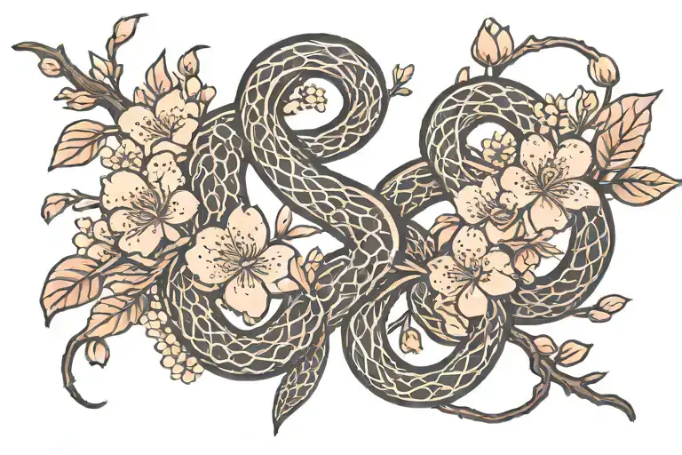 cherry blossoms snake intertwined tattoo design idea