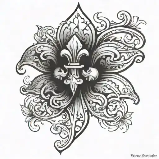 A small tattoo for a male to be positioned on the upper back or on the spine. It should consist of a fleur de lis orname tattoo design idea
