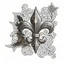 A small tattoo for a male to be positioned on the upper back or on the spine. It should consist of a fleur de lis orname tattoo design idea