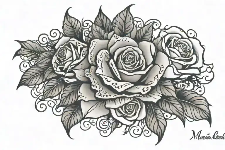 "Maria Isabel" with rose under name written tattoo design idea