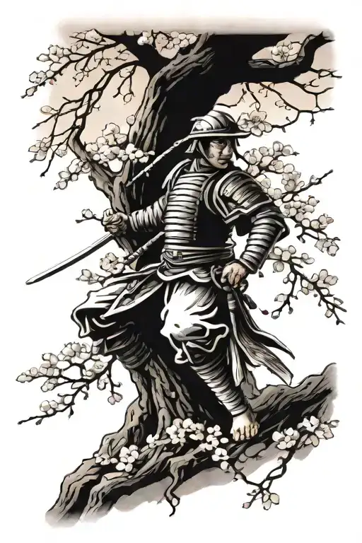 cherry blossom tree with samurai warrior tattoo design idea