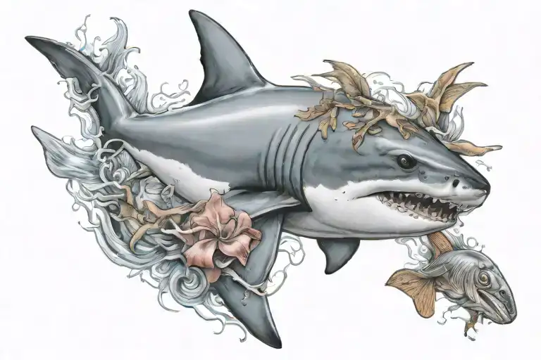 shark , cuttlefish, and female diver  tattoo design idea