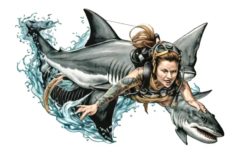 shark , cuttlefish, and female diver  tattoo design idea
