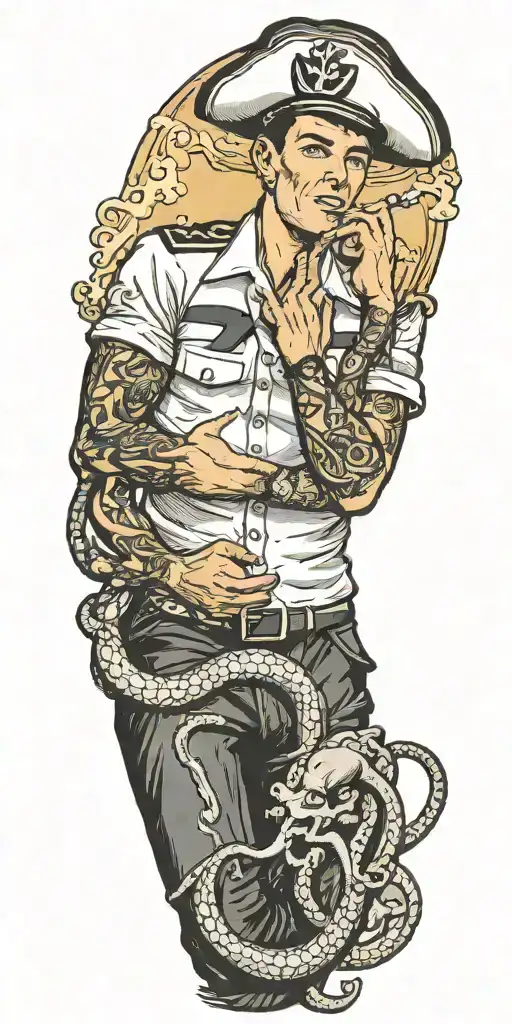 gay pinup male sailor, smoking a cigarette,  Tom of Findland with an octopus and anchor tattoo design idea