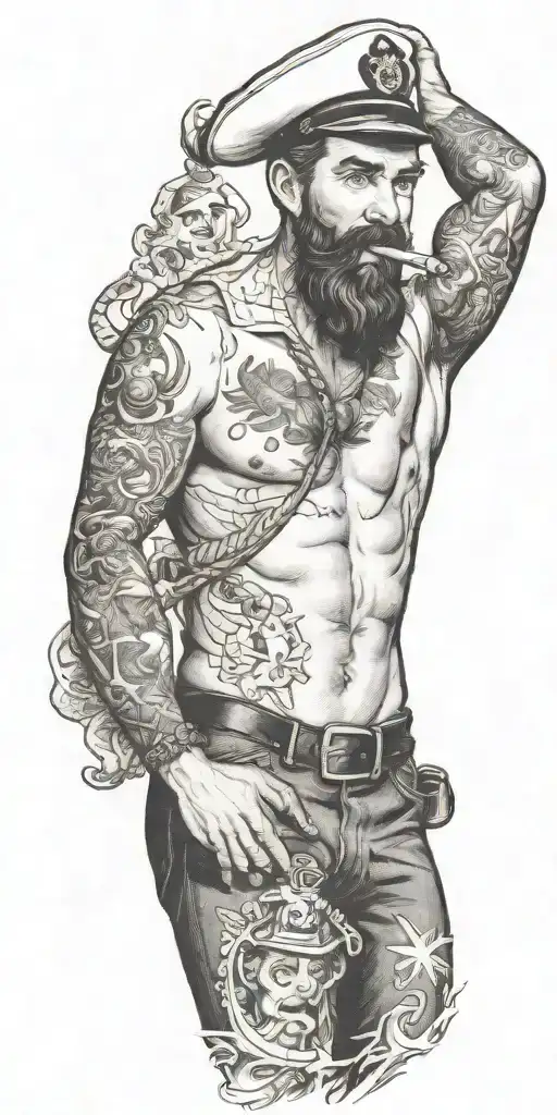 nautical gay pinup sailor, style of Tom of finland, bearded, anchor, ship, ocean, smoking a cigarette out of mouth tattoo design idea
