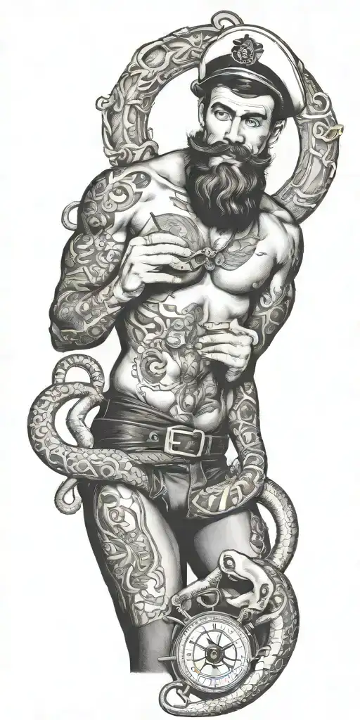 octupus with wrapped around gay pinup sailor, Tom of finland, bearded, add anchor, compass, smoking a cigerette tattoo design idea
