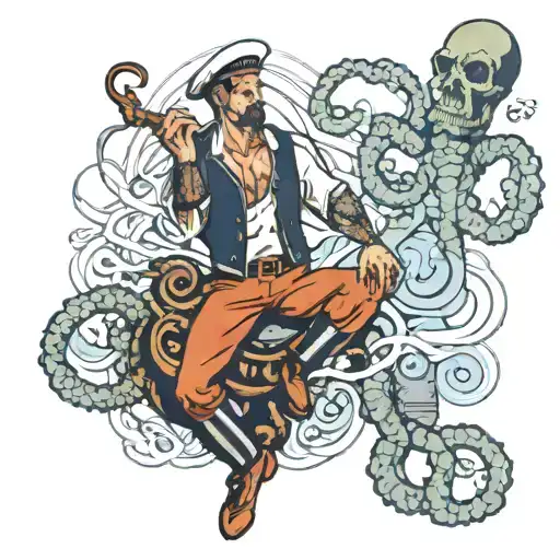 gay pinup male sailor, smoking a cigarette,  in the style of Tom of Findland with an octopus and anchor tattoo design idea