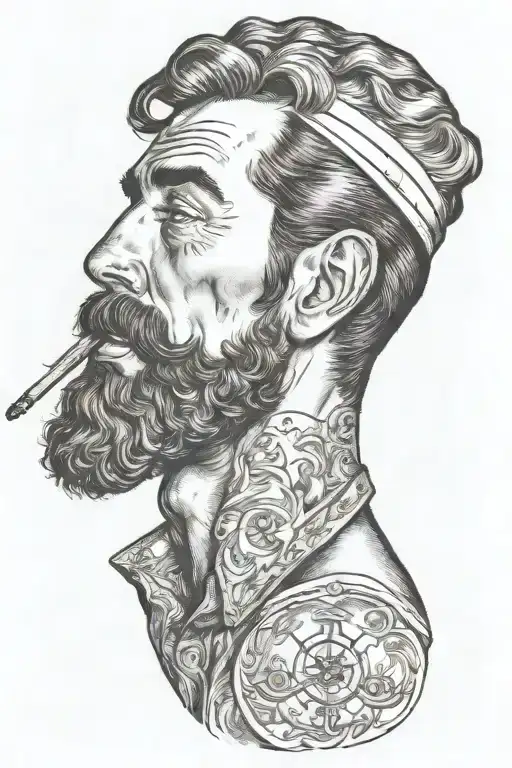 nautical gay pinup sailor, Tom of finland, bearded, anchor, ship, ocean, smoking a cigerette out of mouth, younger tattoo design idea