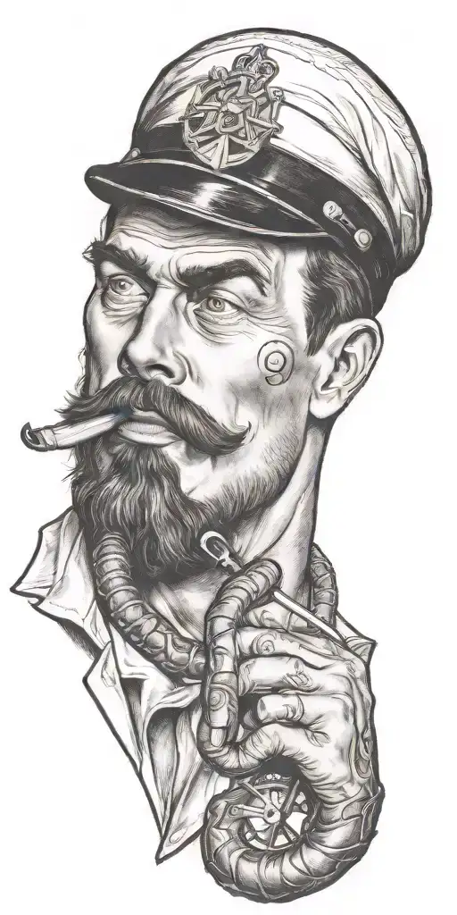 octupus with wrapped around gay pinup sailor, Tom of finland, bearded, anchor, compass, smoking a cigerette out of mouth tattoo design idea