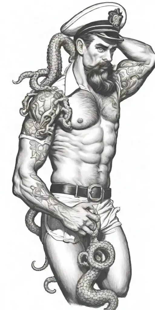 Kracken octupus with wrapped around gay sailor pinup super masculine tom of finland tattoo design idea