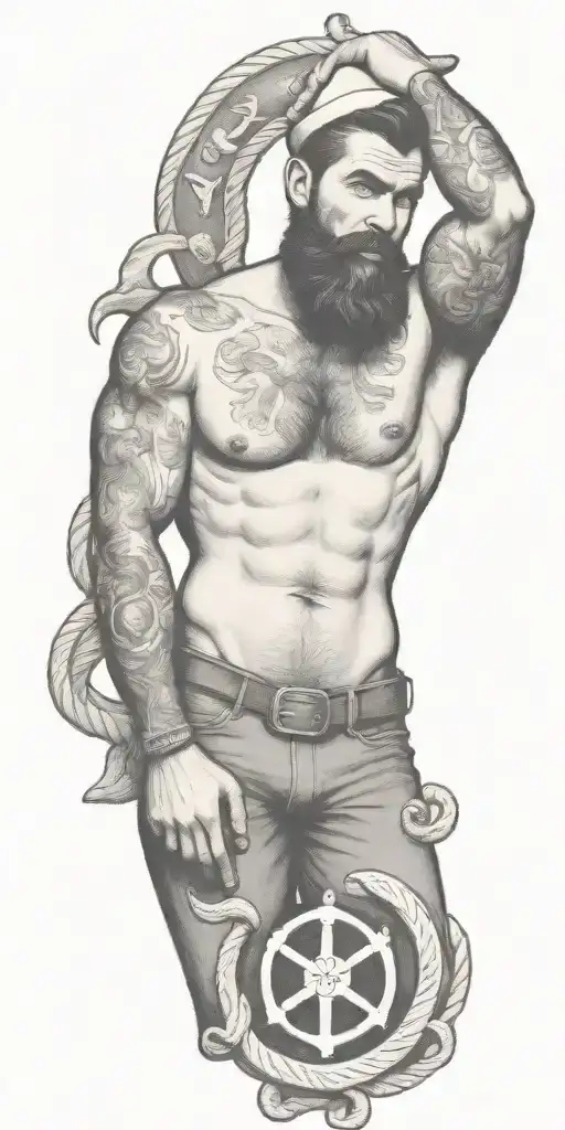 nautical gay pinup sailor, style of Tom of finland, bearded, anchor, ship, ocean, smoking a cigarette out of mouth tattoo design idea