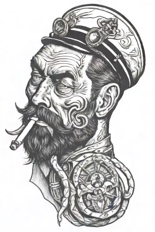 octupus with wrapped around gay pinup sailor, Tom of finland, bearded, anchor, compass, smoking a cigerette out of mouth tattoo design idea