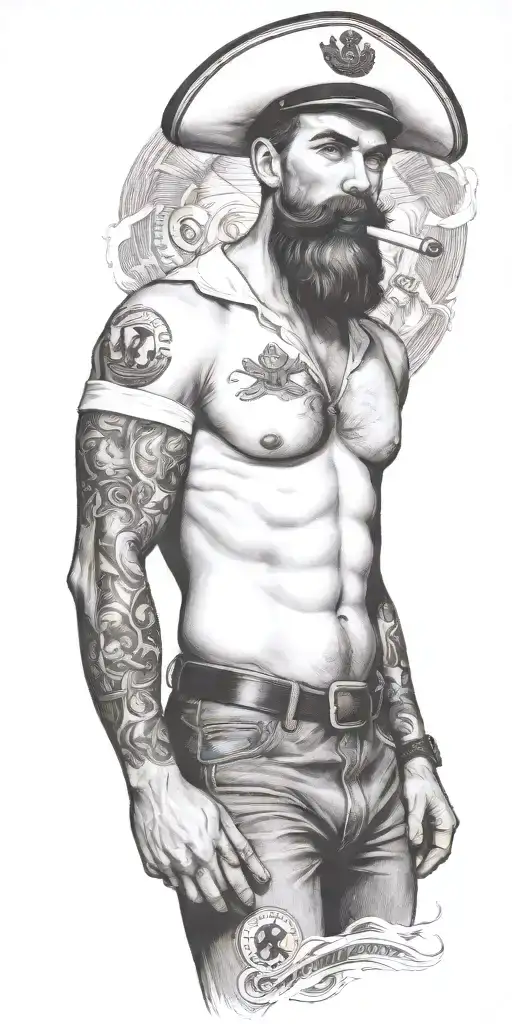 nautical gay pinup sailor, style of Tom of finland, bearded, anchor, ship, ocean, smoking a cigarette out of mouth tattoo design idea