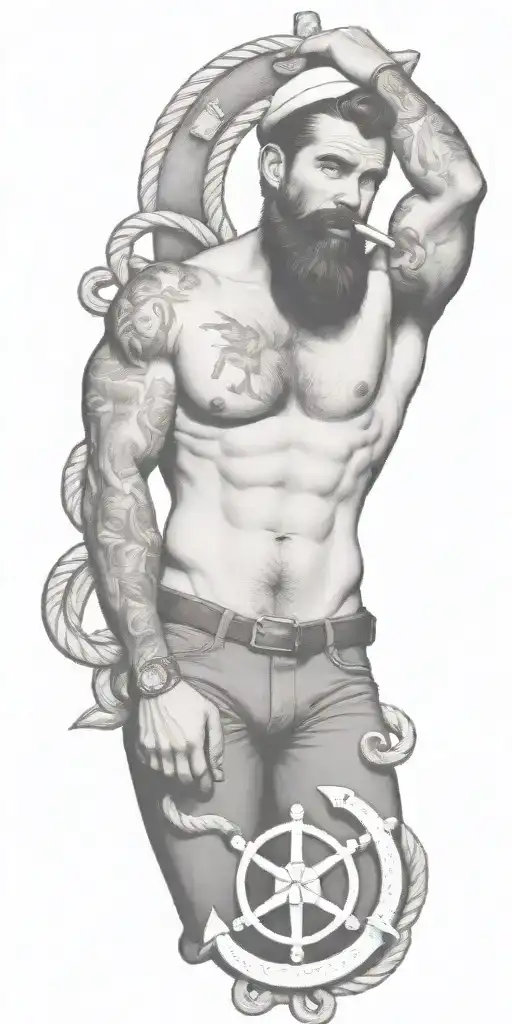 nautical gay pinup sailor, style of Tom of finland, bearded, anchor, ship, ocean, smoking a cigarette out of mouth tattoo design idea