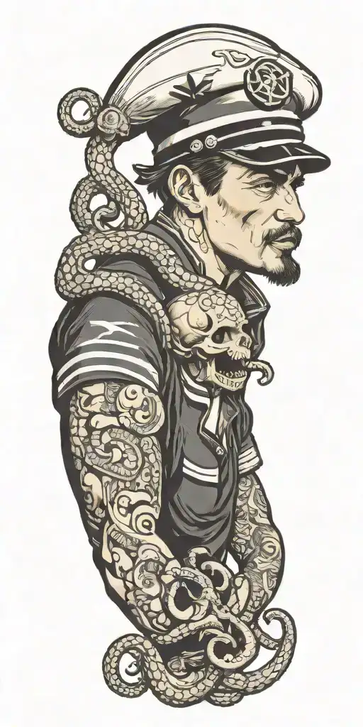 gay pinup male sailor, smoking a cigarette,  in the style of Tom of Findland with an octopus and anchor tattoo design idea