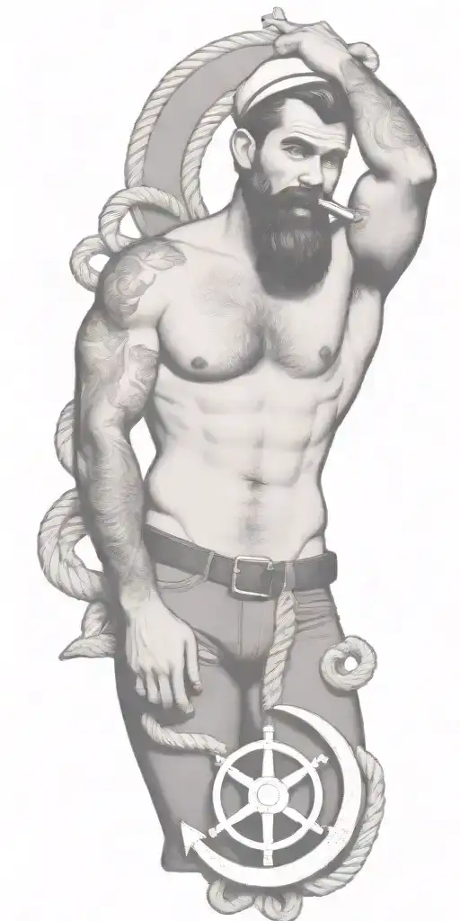 nautical gay pinup sailor, style of Tom of finland, bearded, anchor, ship, ocean, smoking a cigarette out of mouth tattoo design idea