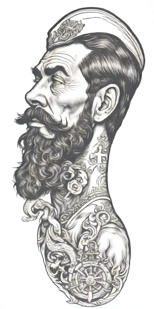 nautical gay pinup sailor, style of Tom of finland, bearded, anchor, ship, ocean, smoking a cigarette out of mouth tattoo design idea