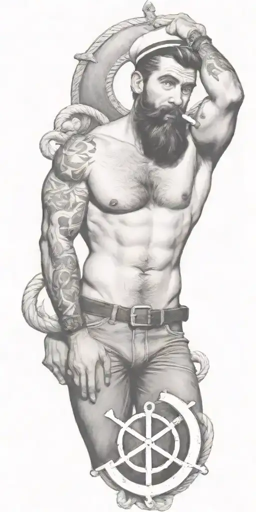 nautical gay pinup sailor, style of Tom of finland, bearded, anchor, ship, ocean, smoking a cigarette out of mouth tattoo design idea