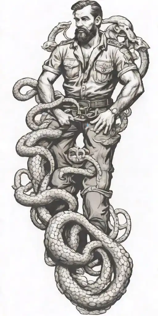 Kracken octupus with wrapped around gay sailor pinup super masculine tom of finland, shorter beard, add anchor, compass tattoo design idea