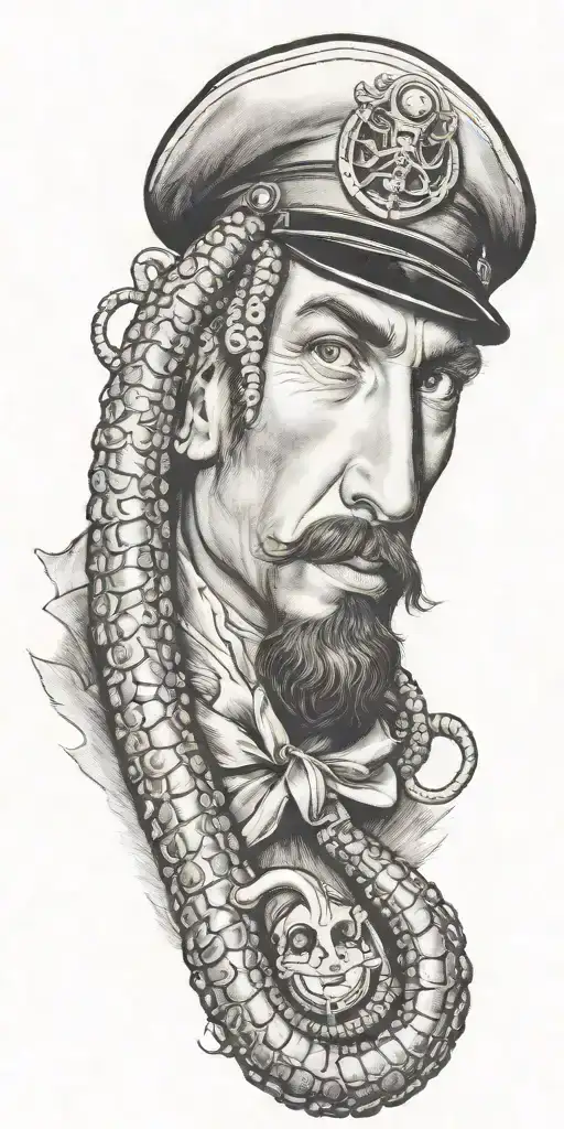 octupus with wrapped around gay pinup sailor pinup, Tom of finland, shorter beard, add anchor, compass, somking a cig tattoo design idea