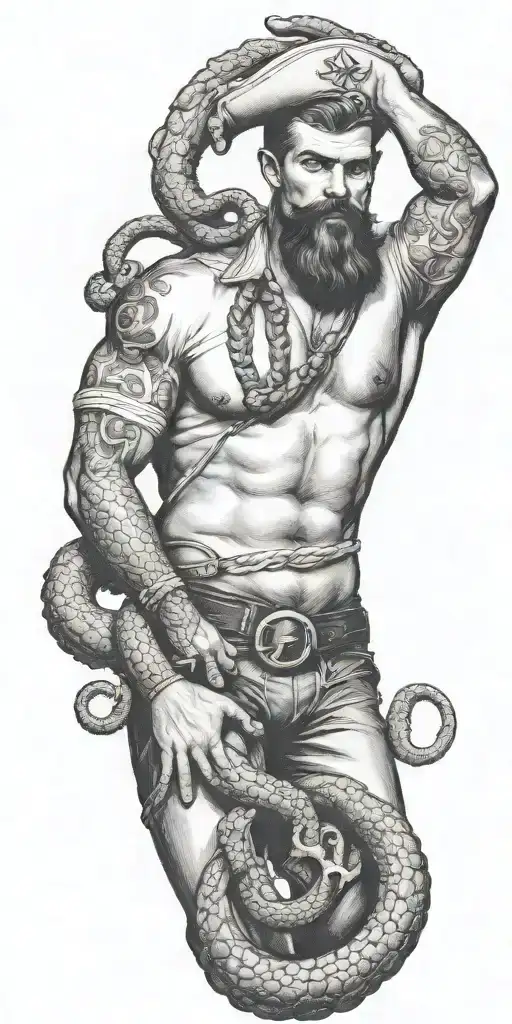 Kracken octupus with wrapped around gay sailor pinup super masculine tom of finland, shorter beard, add anchor, compass tattoo design idea