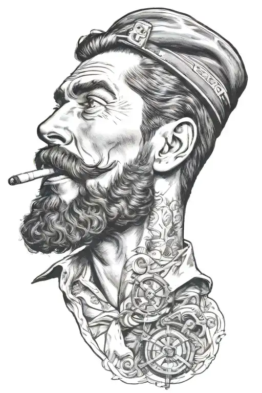 nautical gay pinup sailor, Tom of finland, bearded, anchor, compass, smoking a cigerette out of mouth, younger tattoo design idea