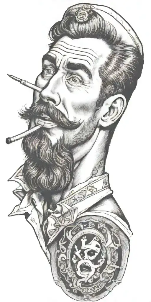 nautical gay pinup sailor, Tom of finland, bearded, anchor, ship, ocean, smoking a cigerette out of mouth, younger tattoo design idea