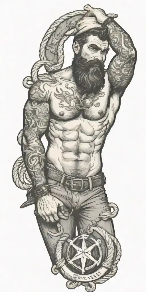 nautical gay pinup sailor, style of Tom of finland, bearded, anchor, ship, ocean, smoking a cigarette out of mouth tattoo design idea