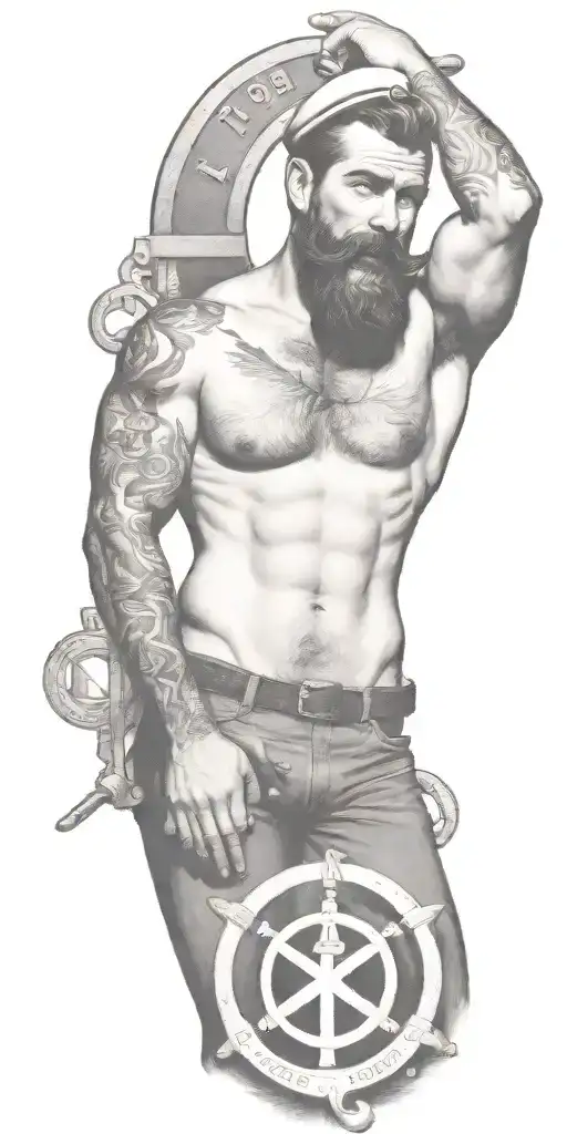 gay pinup sailor, style of Tom of finland, bearded, smoking a cigarette out of mouth tattoo design idea
